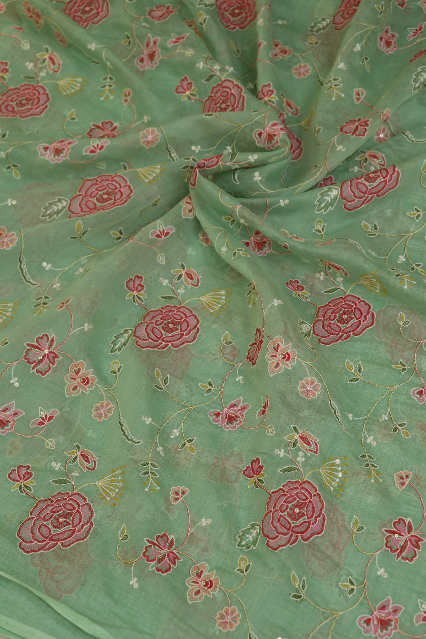 Pure Mul Chanderi Red Rose Floral Jaal Embroidered Fabric