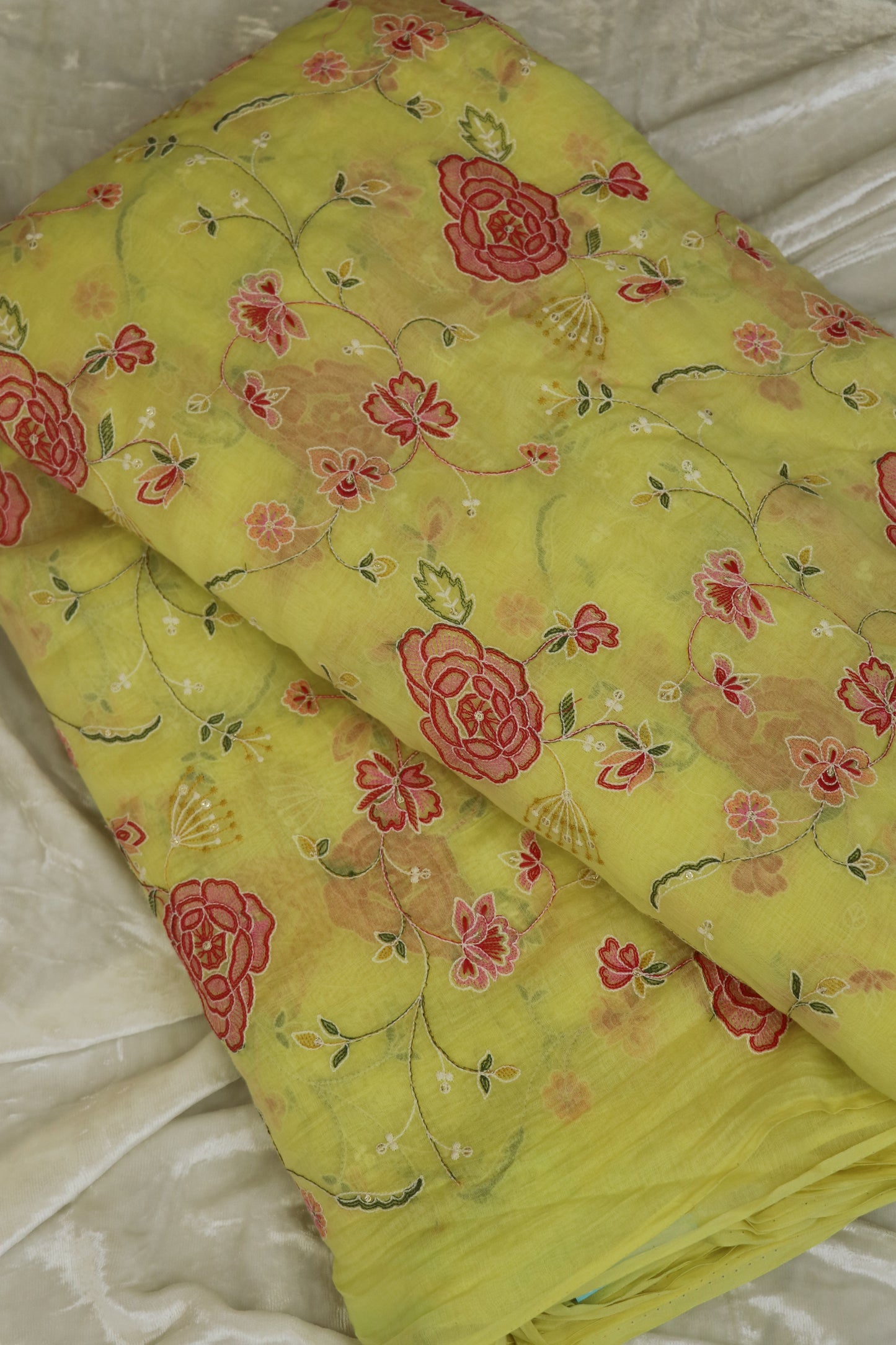 Pure Mul Chanderi Red Rose Floral Jaal Embroidered Fabric