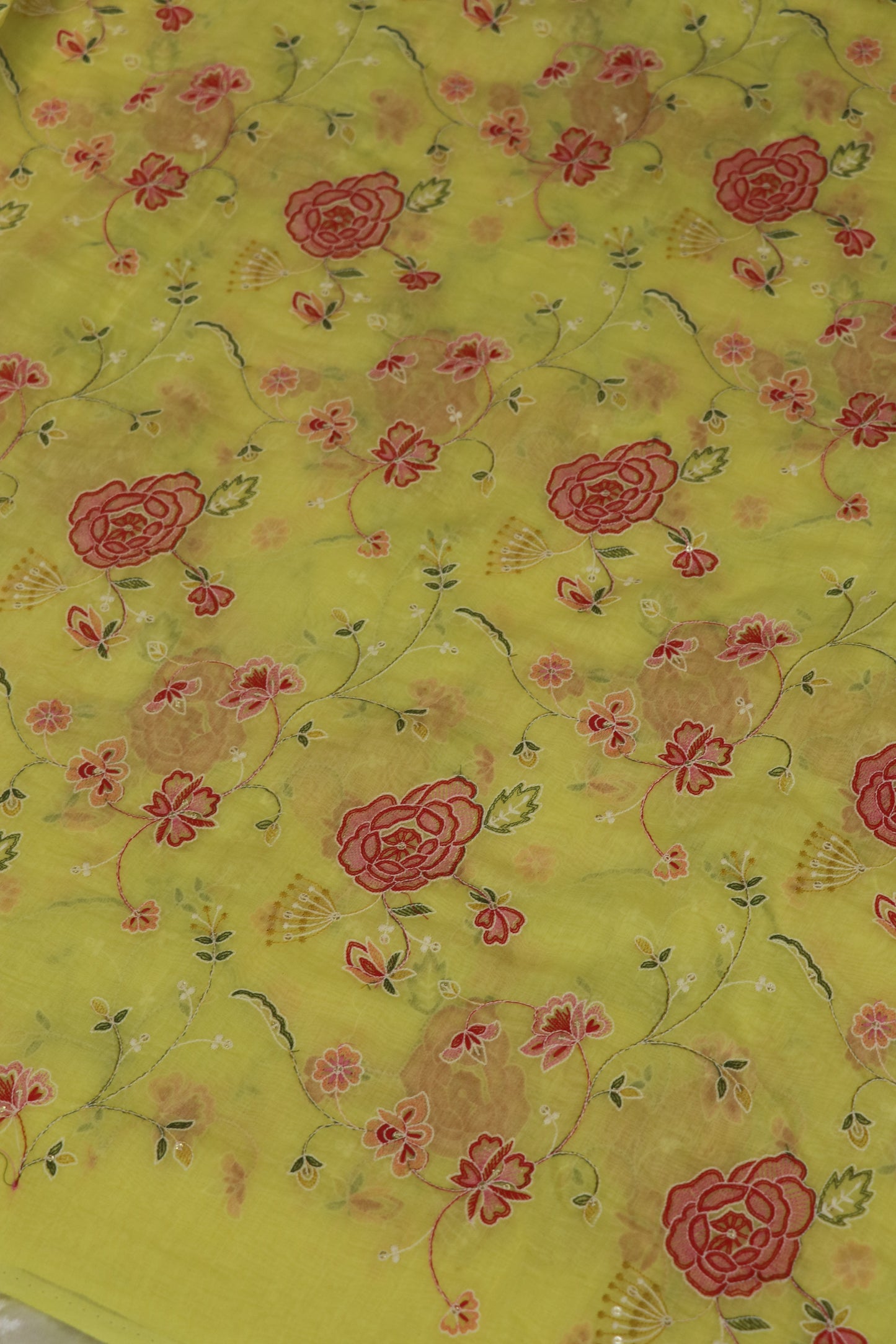 Pure Mul Chanderi Red Rose Floral Jaal Embroidered Fabric