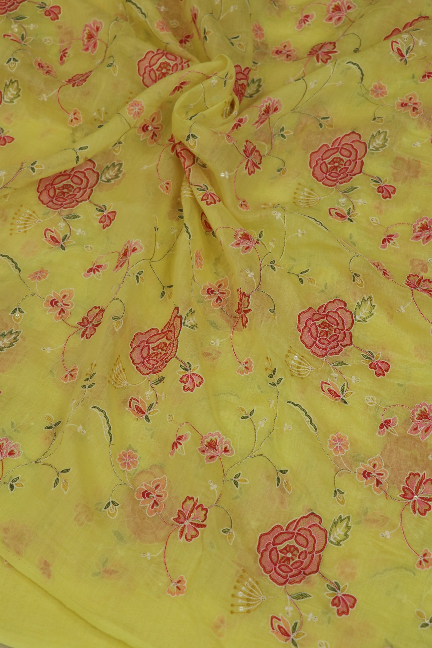 Pure Mul Chanderi Red Rose Floral Jaal Embroidered Fabric
