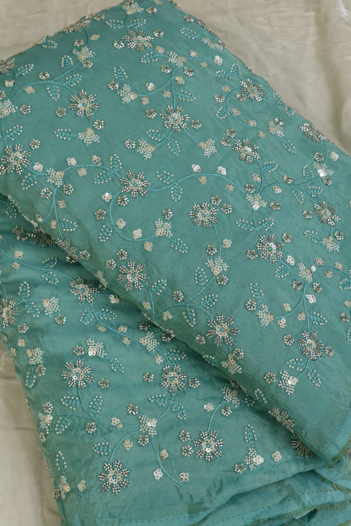 Floral Jaal Embroidered With Cut Beads & Sequins  Uppada Tissue Fabric