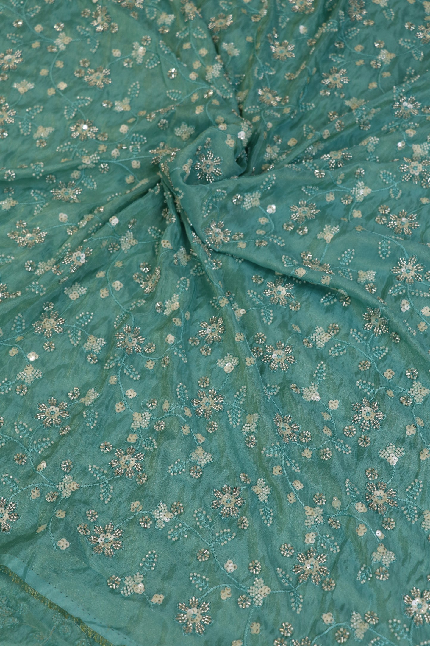 Floral Jaal Embroidered With Cut Beads & Sequins  Uppada Tissue Fabric