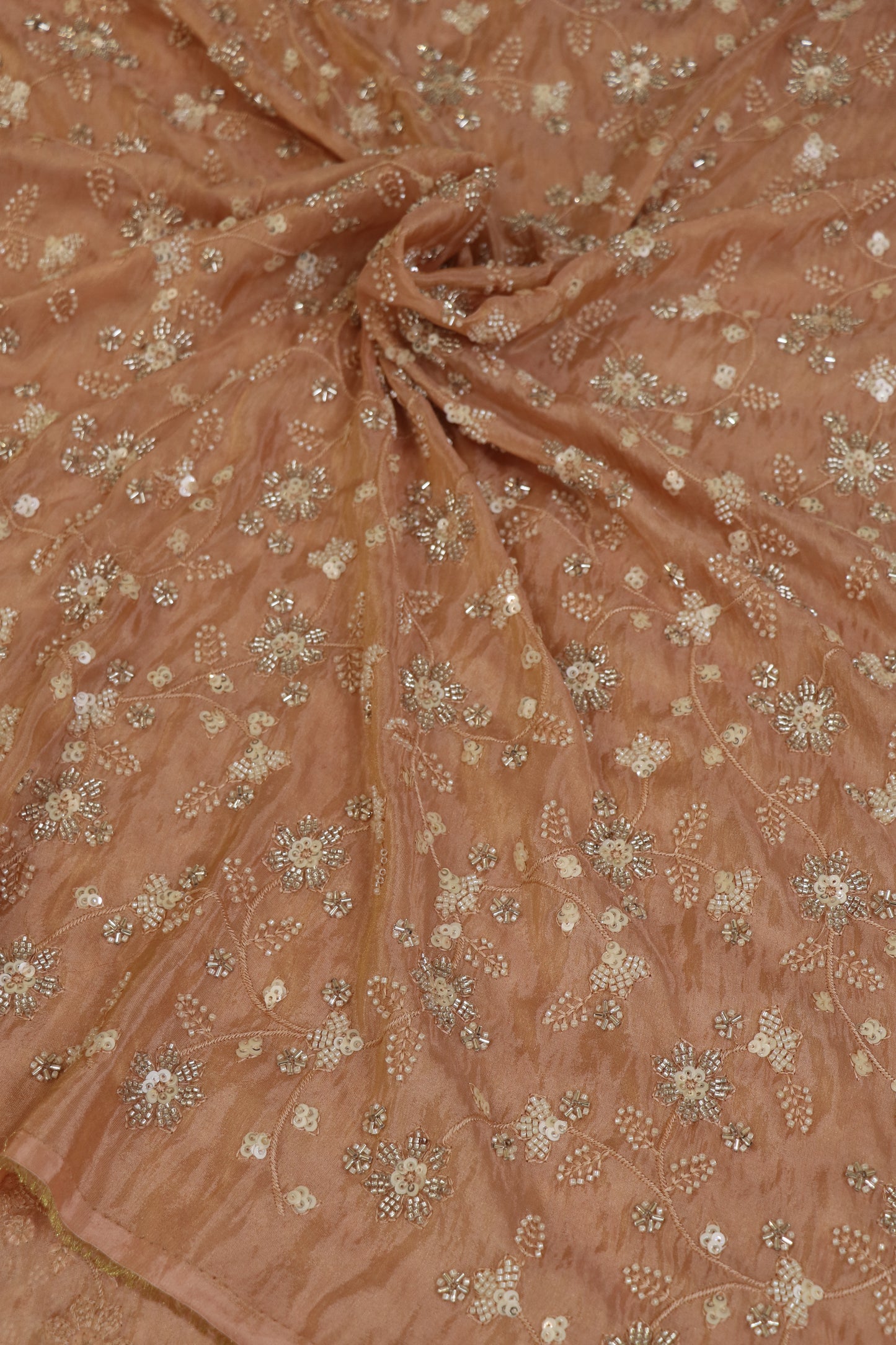 Floral Jaal Embroidered With Cut Beads & Sequins  Uppada Tissue Fabric