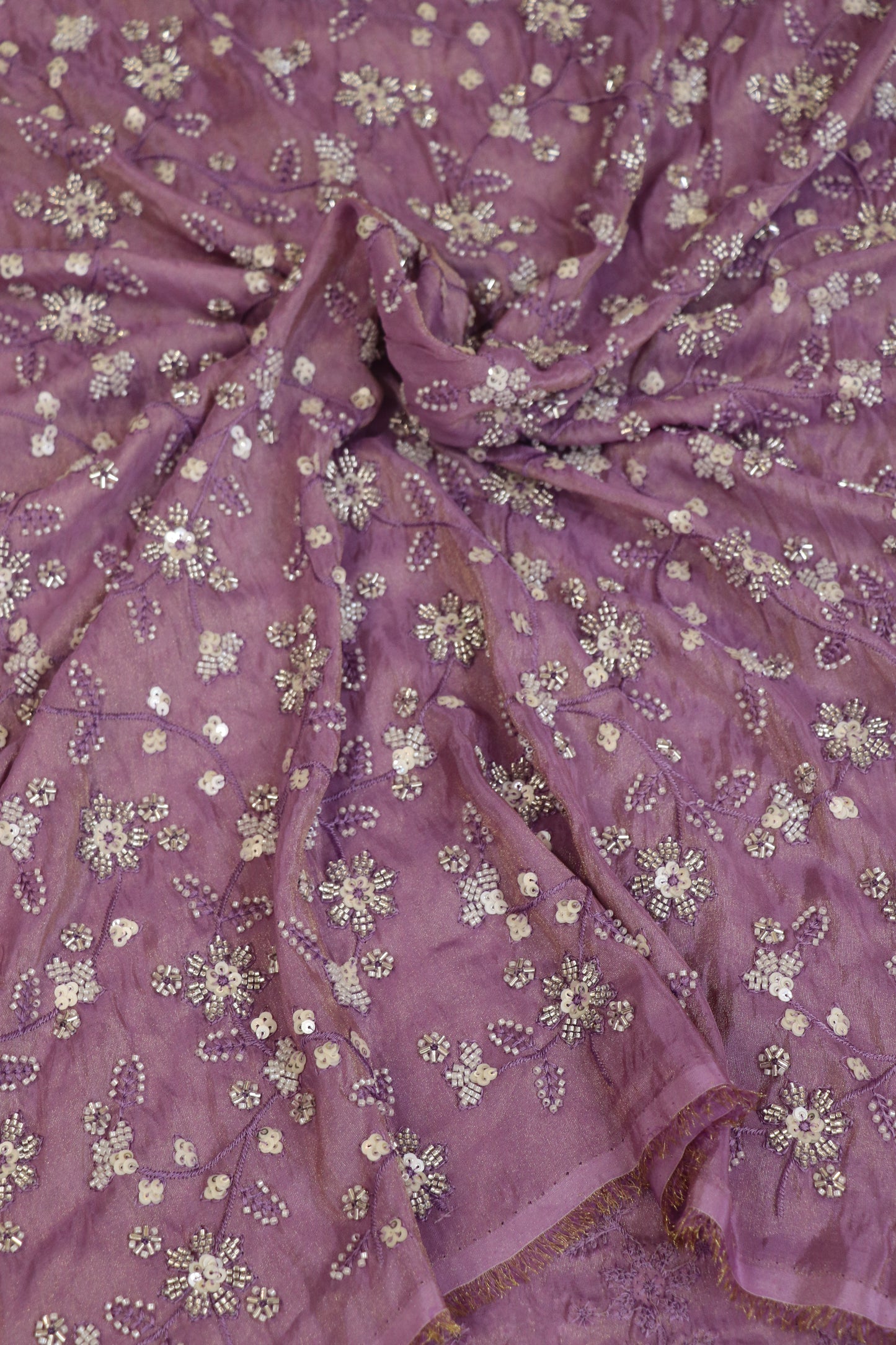 Floral Jaal Embroidered With Cut Beads & Sequins  Uppada Tissue Fabric