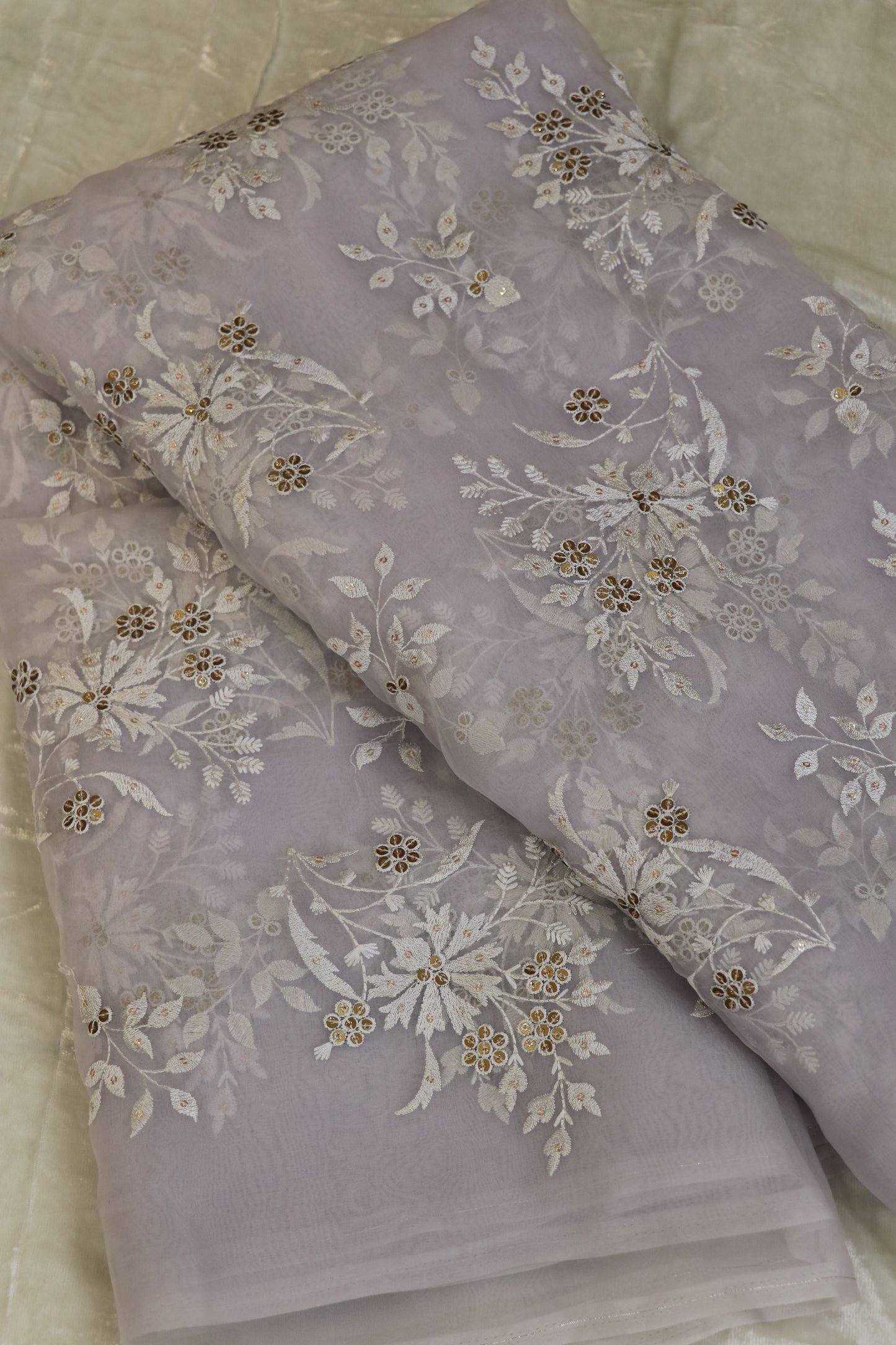 Organza Floral Embroidered Bunches Fabric With Sequins