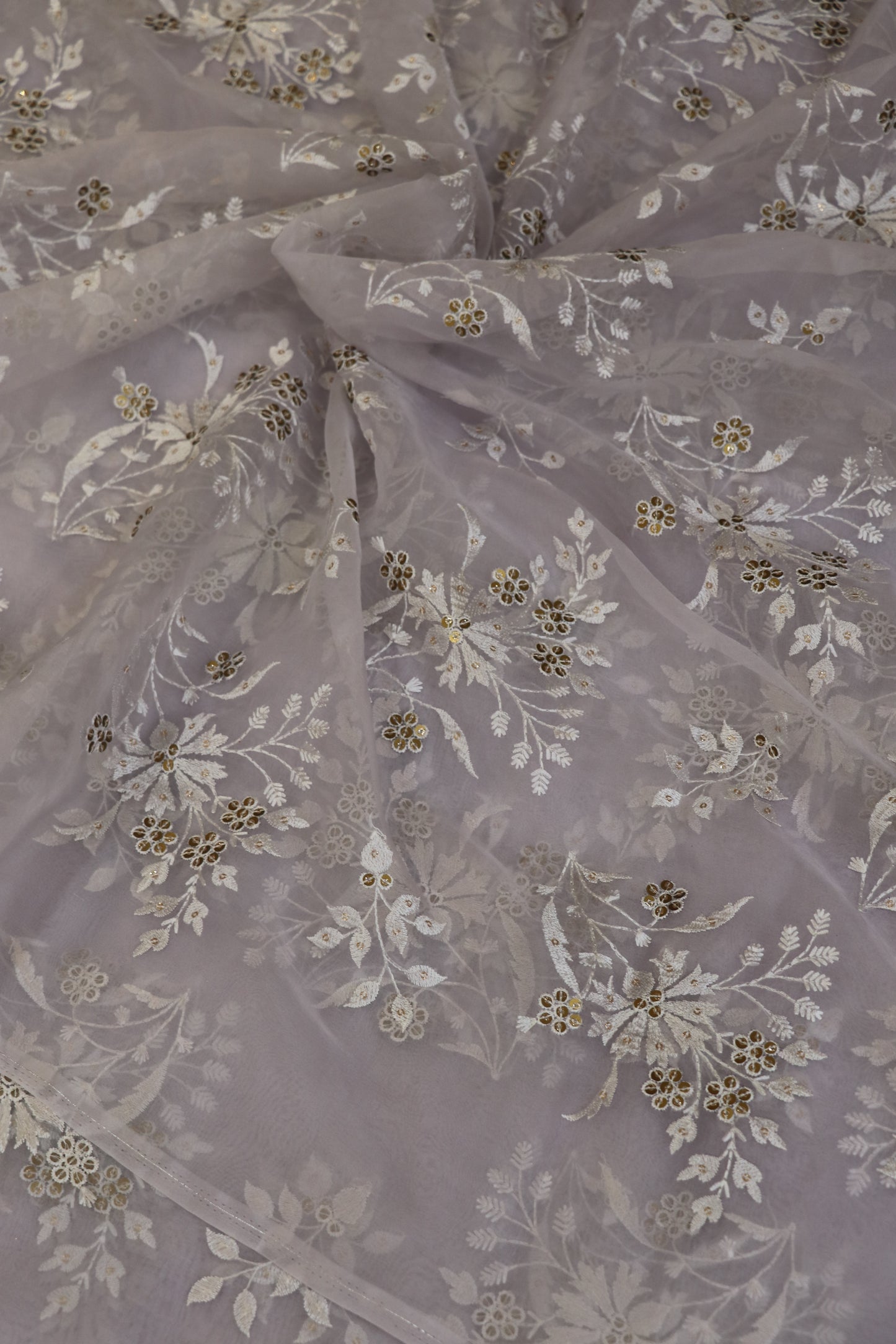Organza Floral Embroidered Bunches Fabric With Sequins