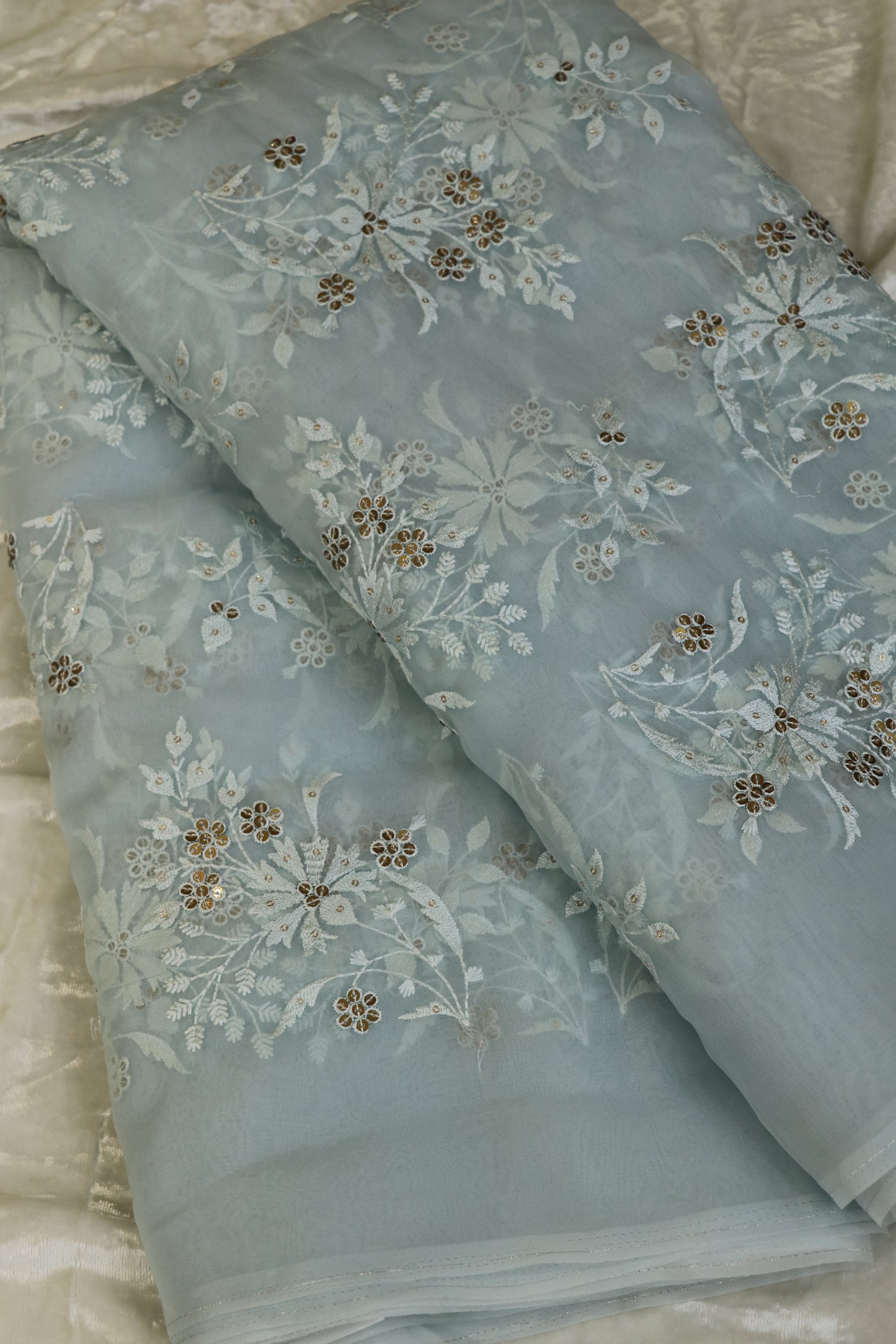 Organza Floral Embroidered Bunches Fabric With Sequins