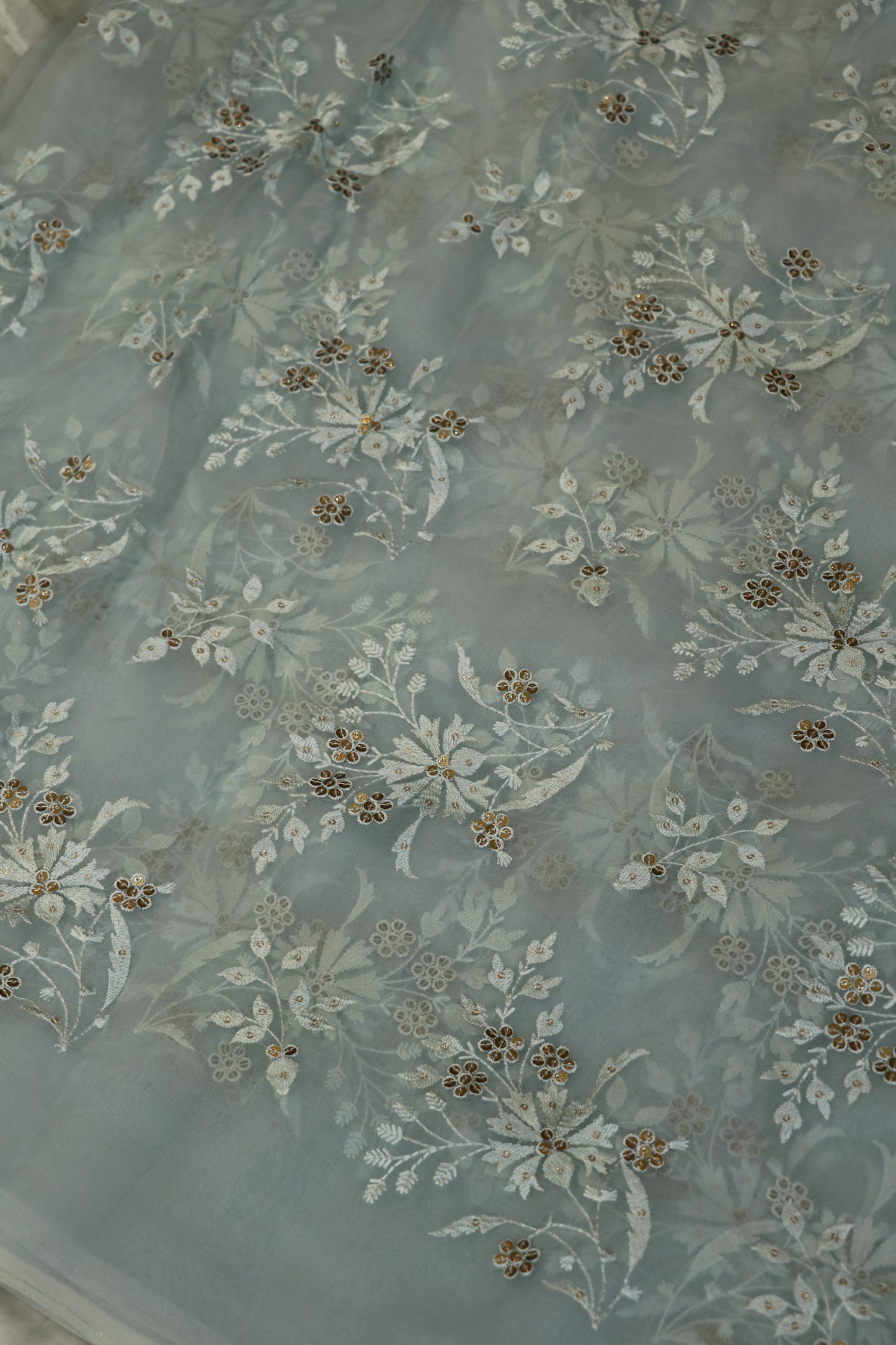 Organza Floral Embroidered Bunches Fabric With Sequins