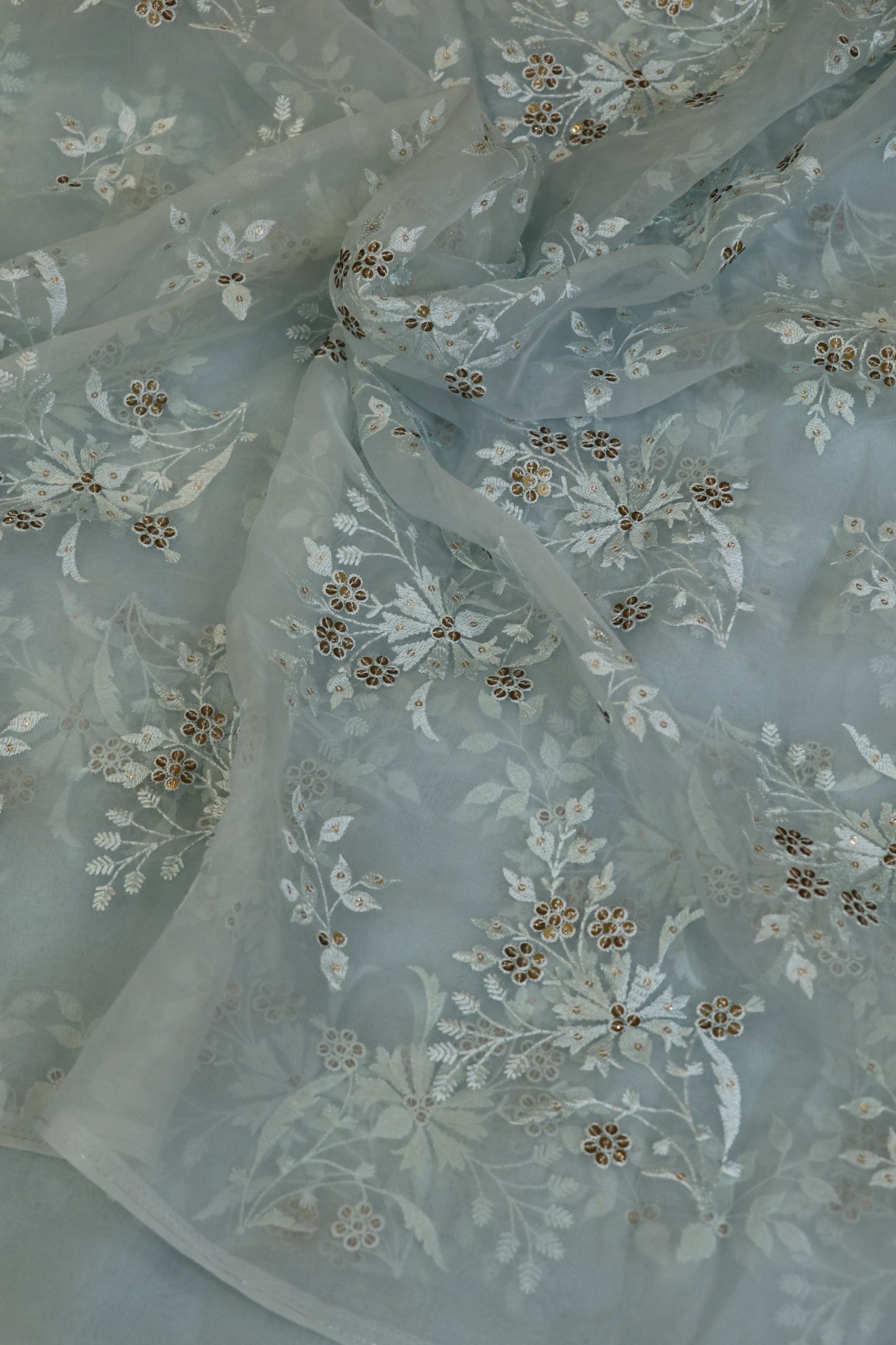 Organza Floral Embroidered Bunches Fabric With Sequins