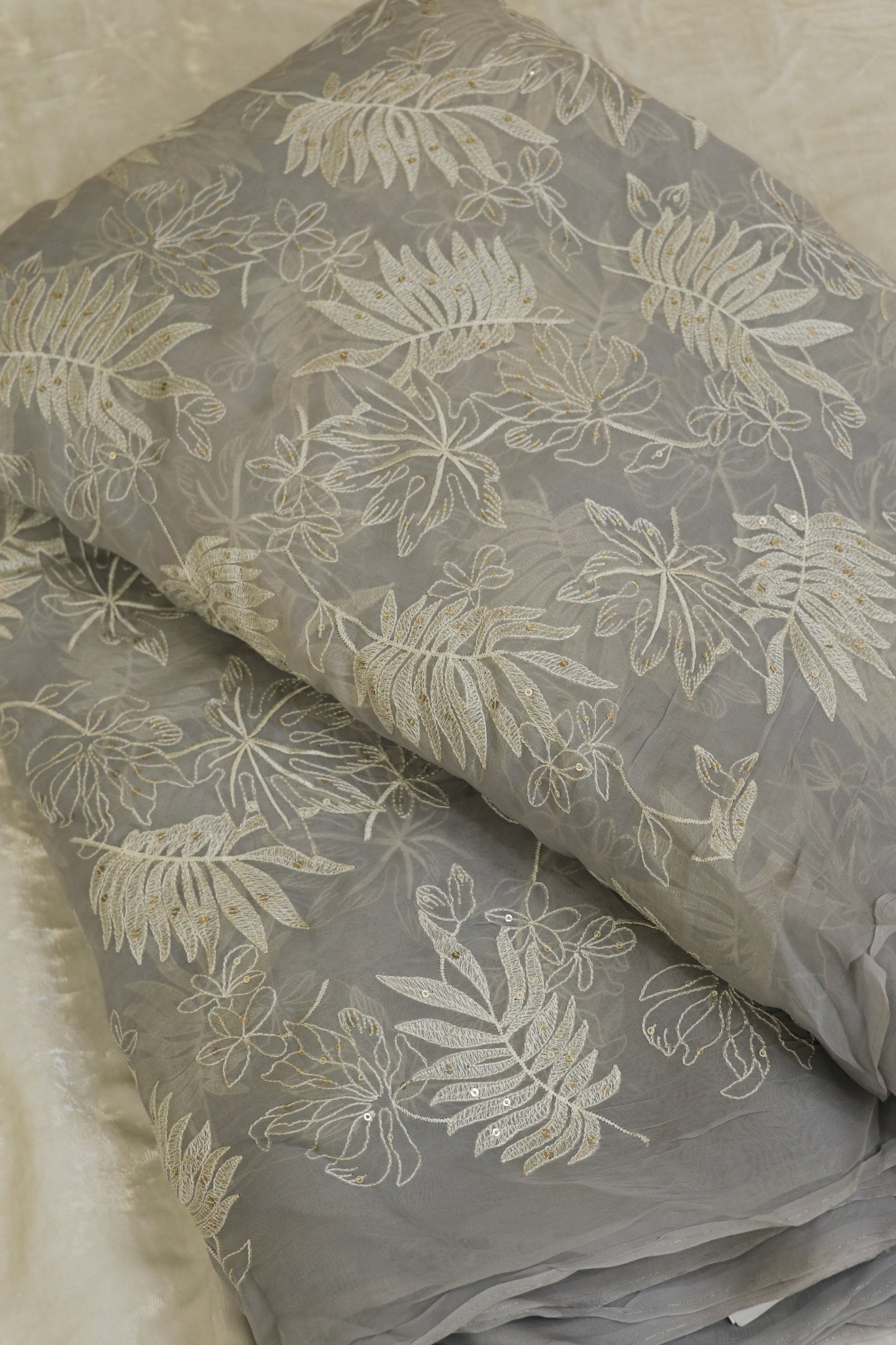 Pine Leaf Shape Patterned Embroidered Organza Fabric