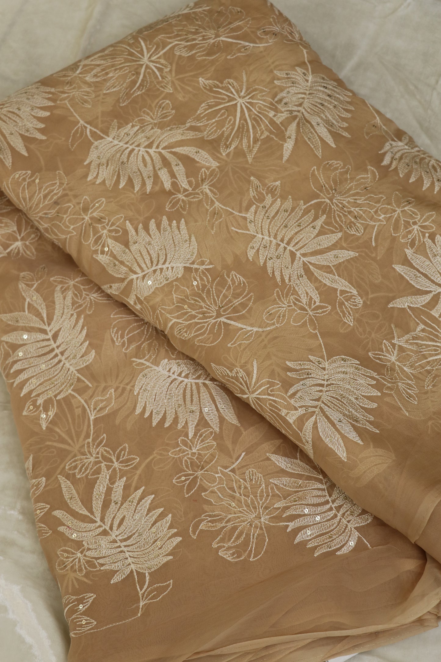 Pine Leaf Shape Patterned Embroidered Organza Fabric