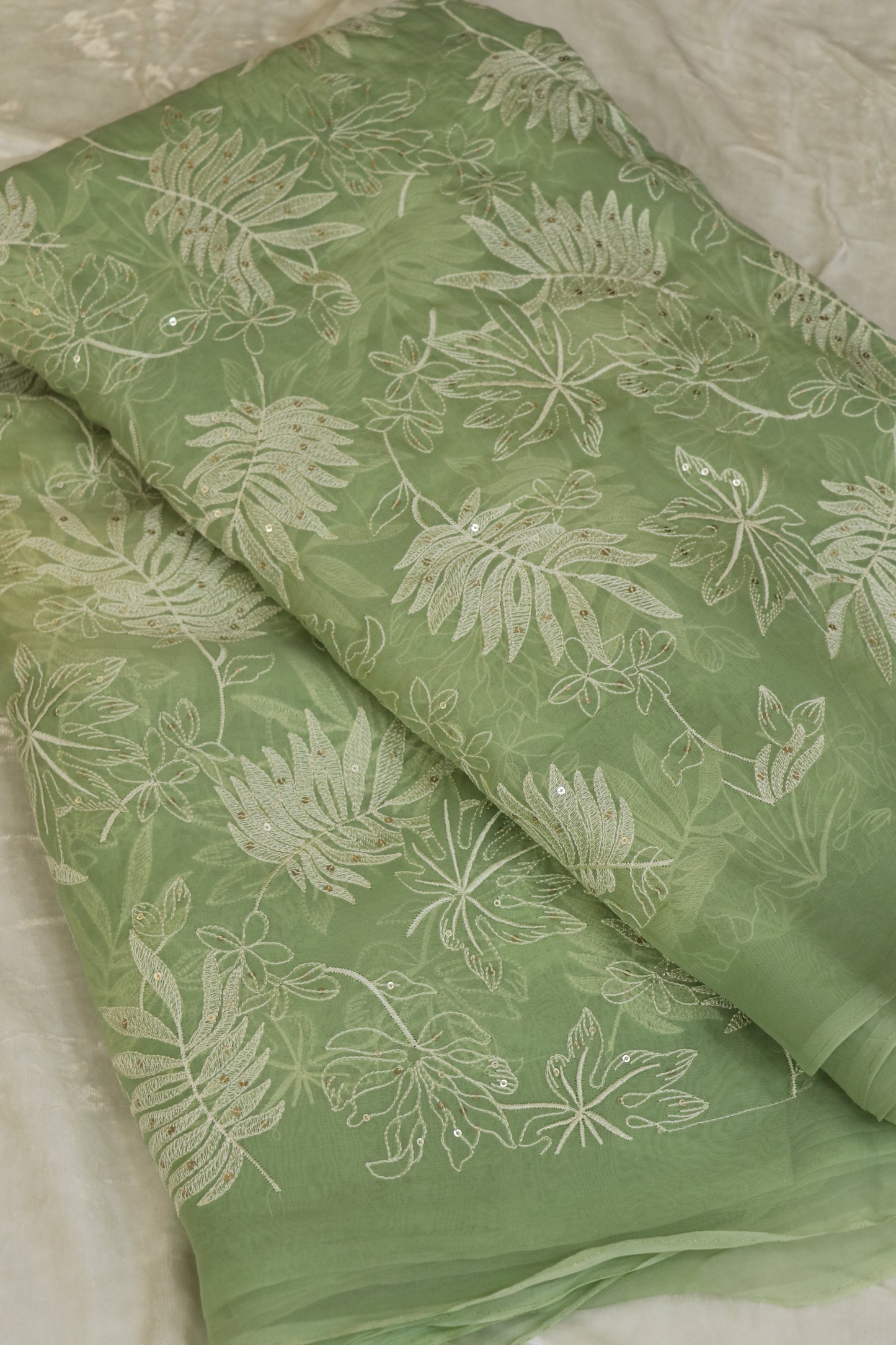 Pine Leaf Shape Patterned Embroidered Organza Fabric