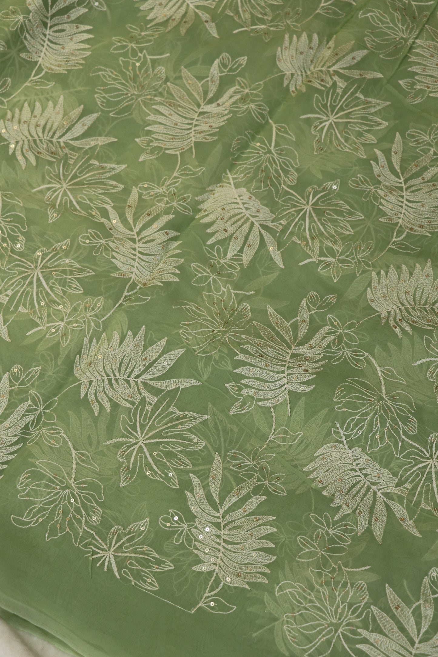Pine Leaf Shape Patterned Embroidered Organza Fabric
