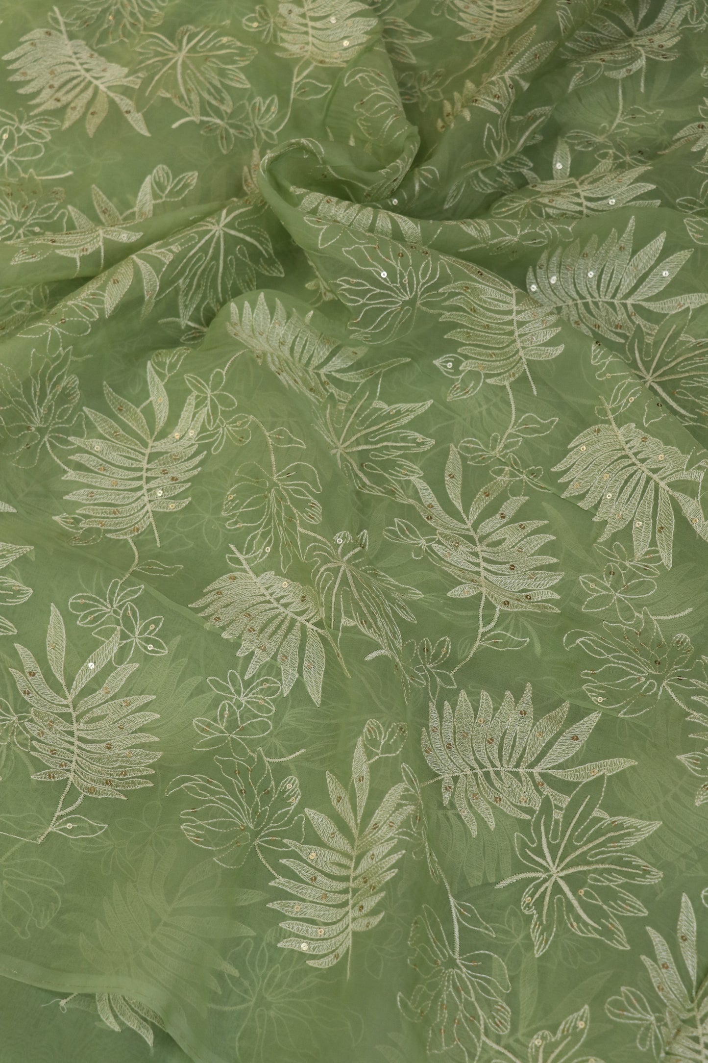 Pine Leaf Shape Patterned Embroidered Organza Fabric