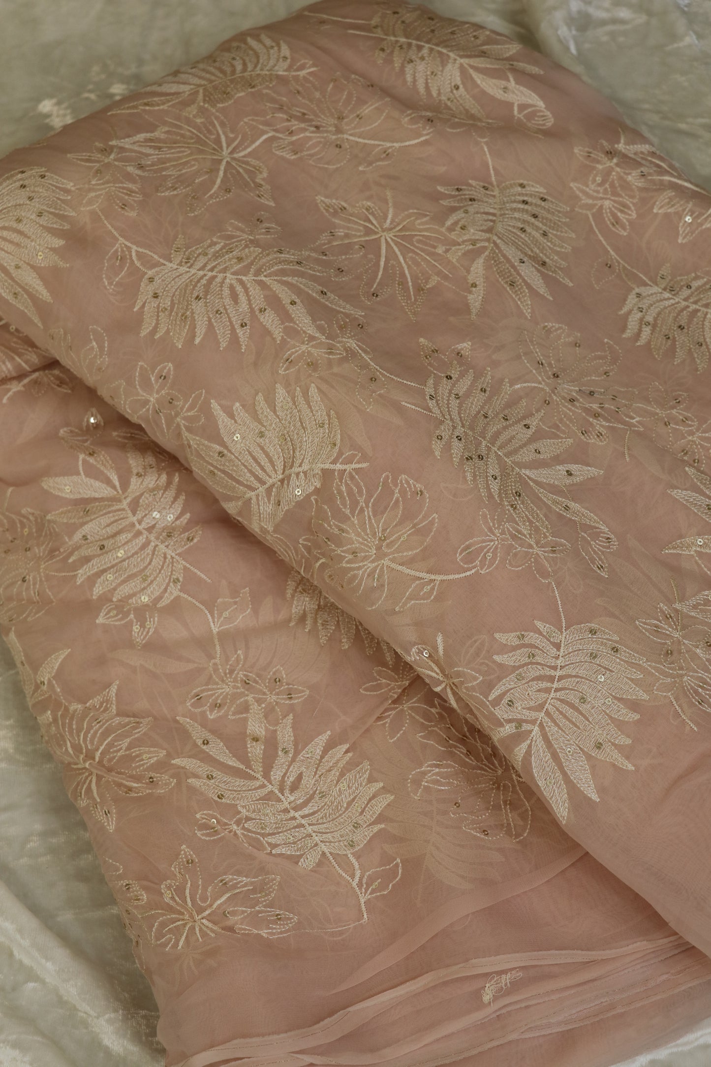 Pine Leaf Shape Patterned Embroidered Organza Fabric