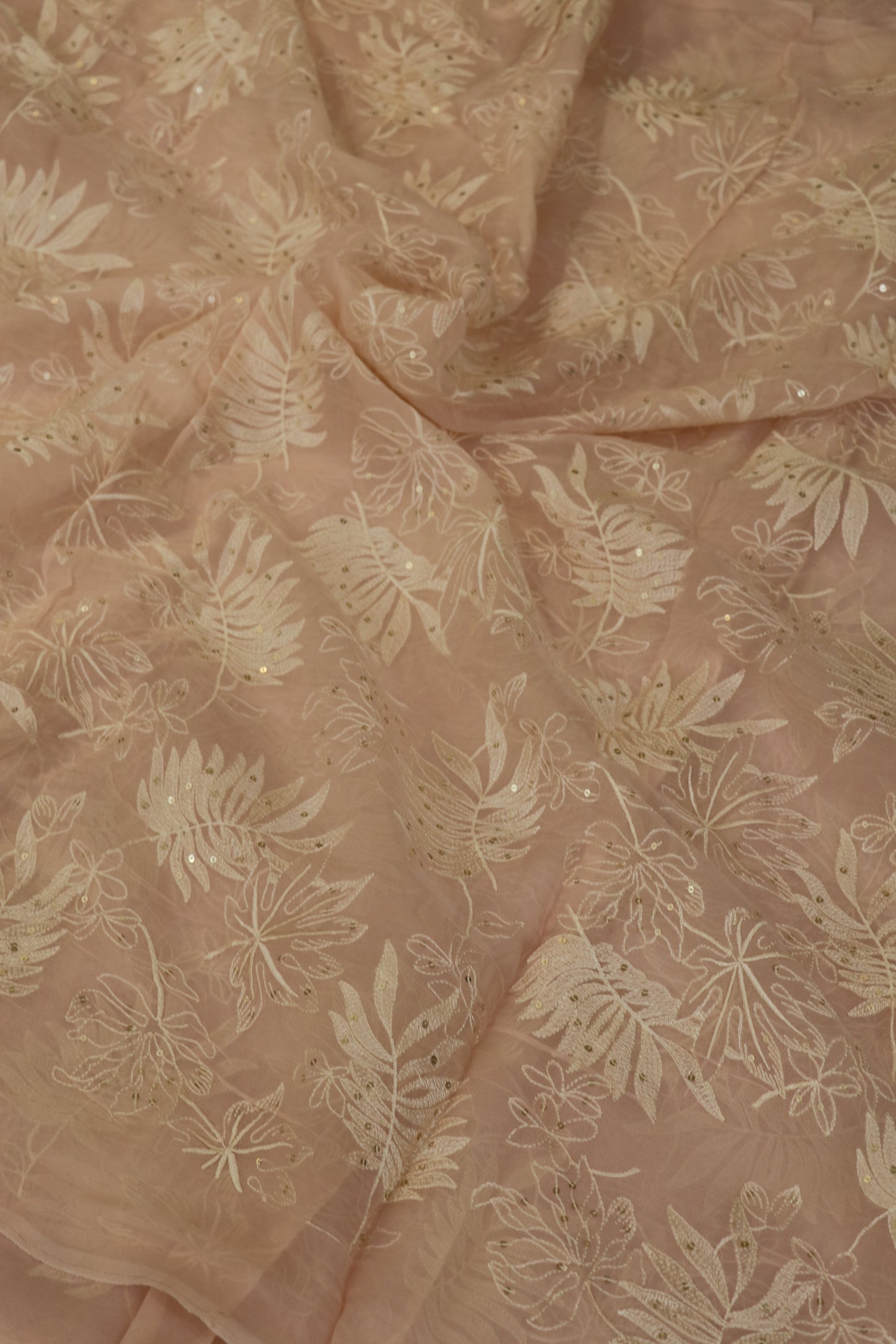 Pine Leaf Shape Patterned Embroidered Organza Fabric