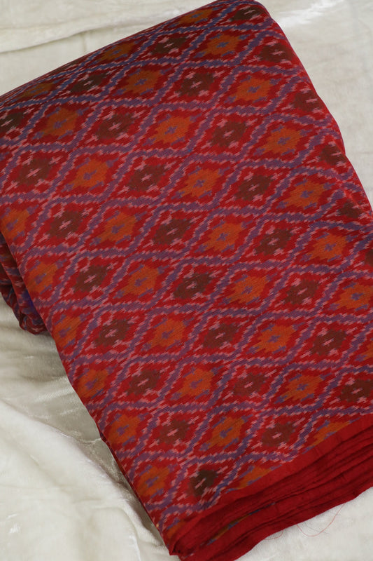 Crimson Red Pure Cotton Silk Ikkat Woven Fabric