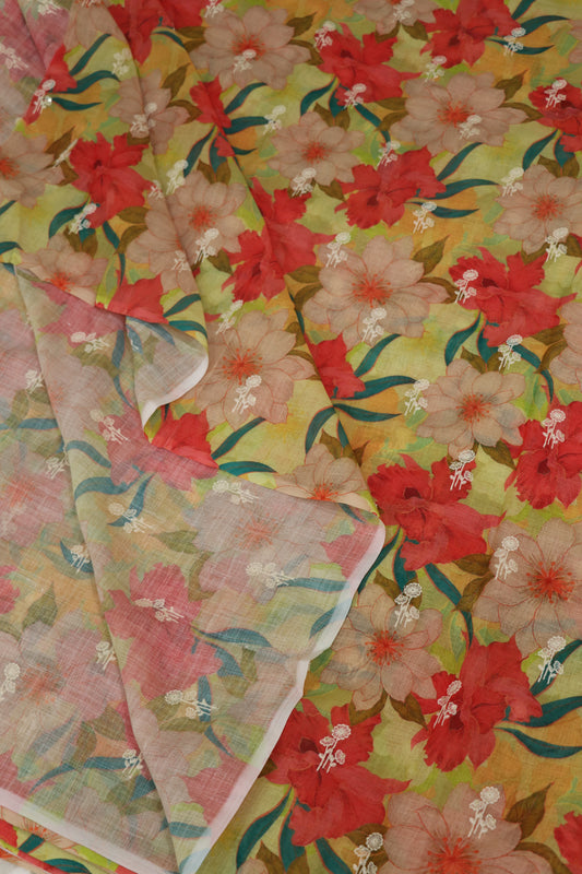 Semi Lenin Dual Shaded Floral & Embroidered Fabric