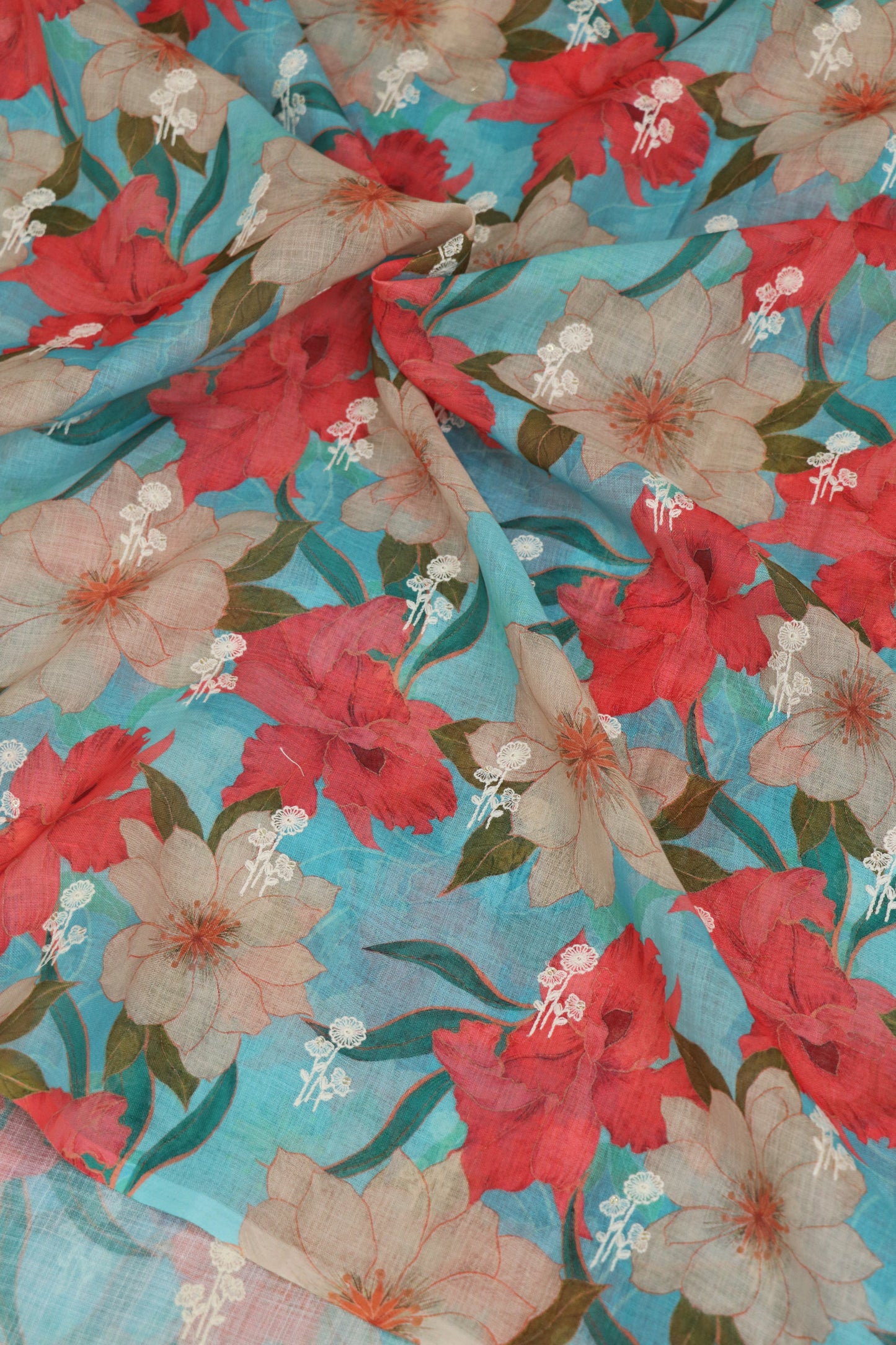 Semi Lenin Dual Shaded Floral & Embroidered Fabric