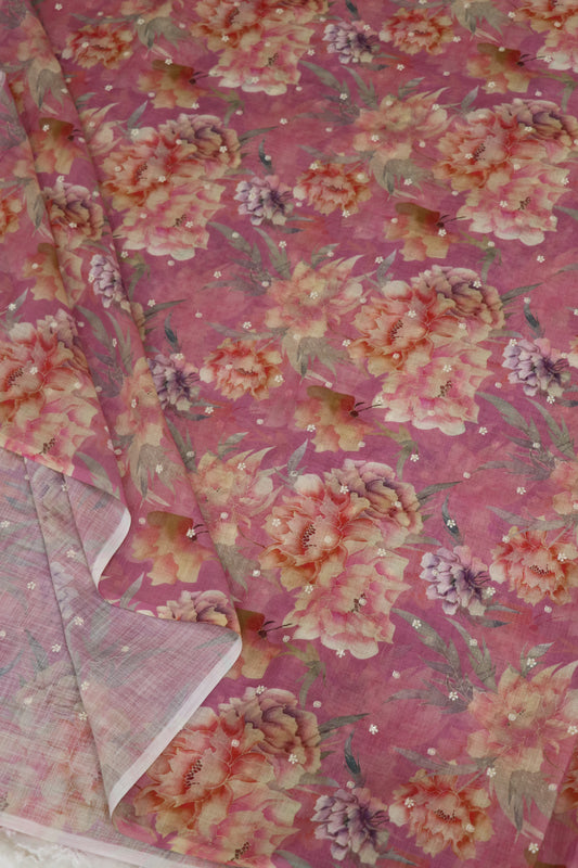 Semi Lenin Floral Printed & Embroidered fabric