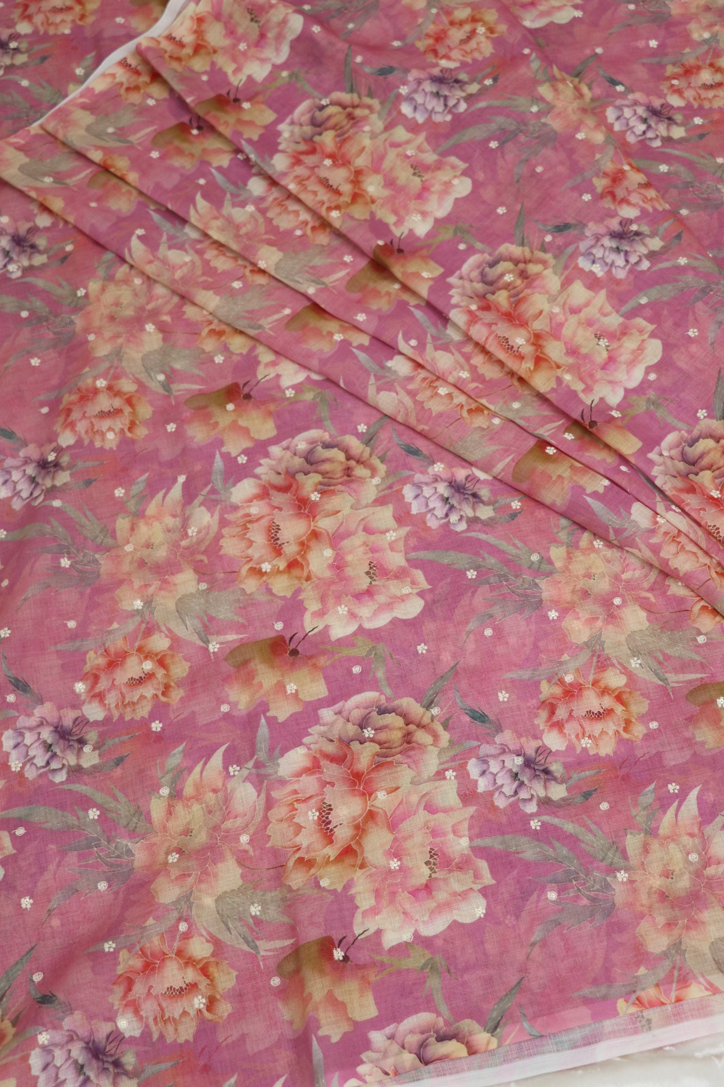 Semi Lenin Floral Printed & Embroidered fabric