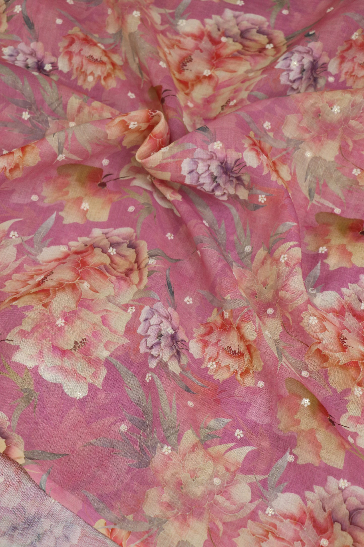 Semi Lenin Floral Printed & Embroidered fabric