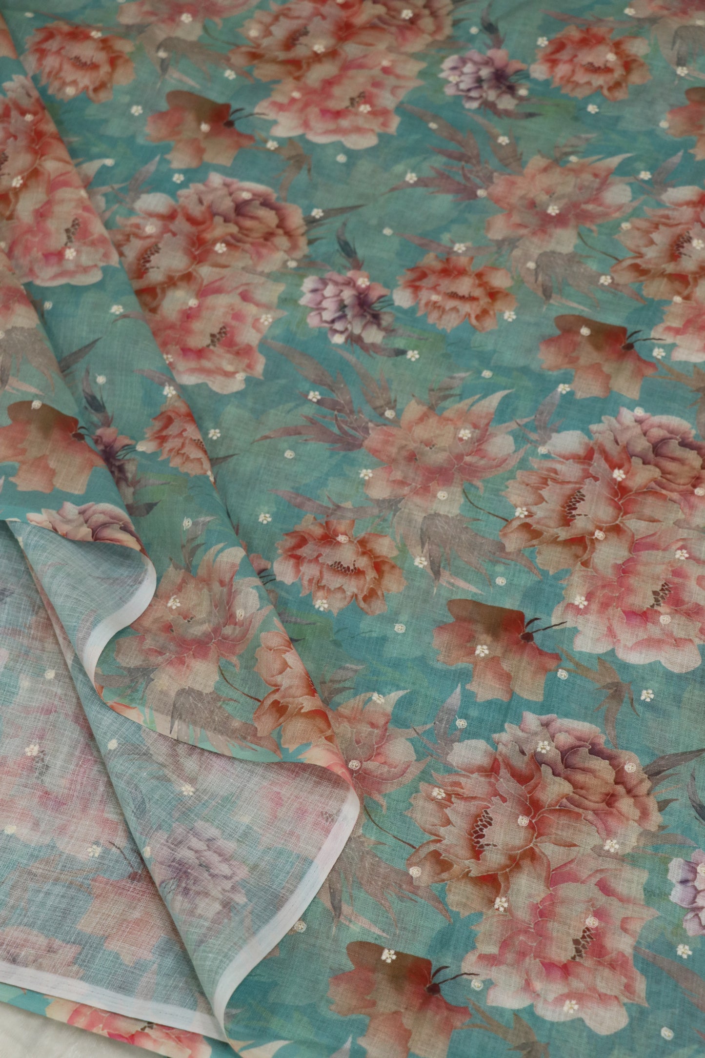 Semi Lenin Floral Printed & Embroidered fabric