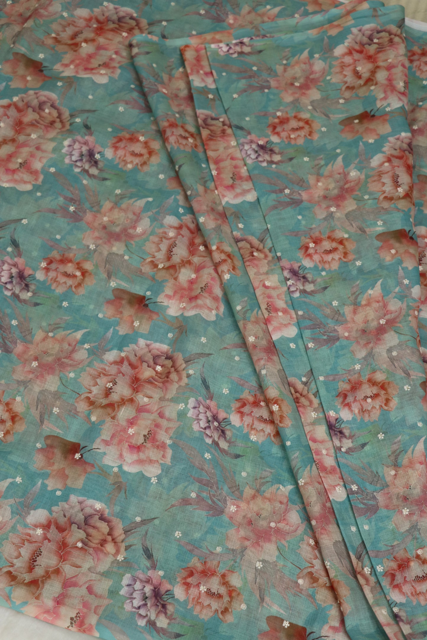Semi Lenin Floral Printed & Embroidered fabric
