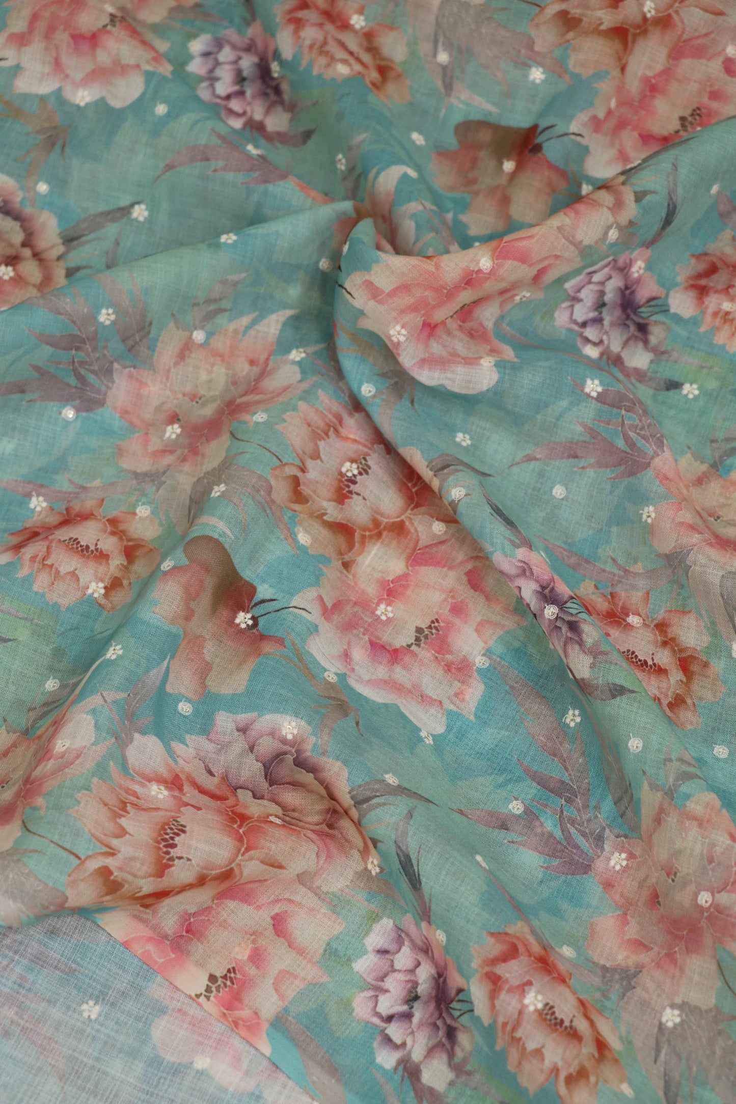 Semi Lenin Floral Printed & Embroidered fabric