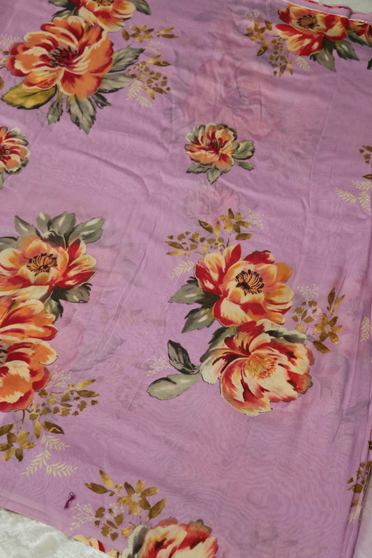 Orchid Purple Floral Printed Mul Chanderi Fabric