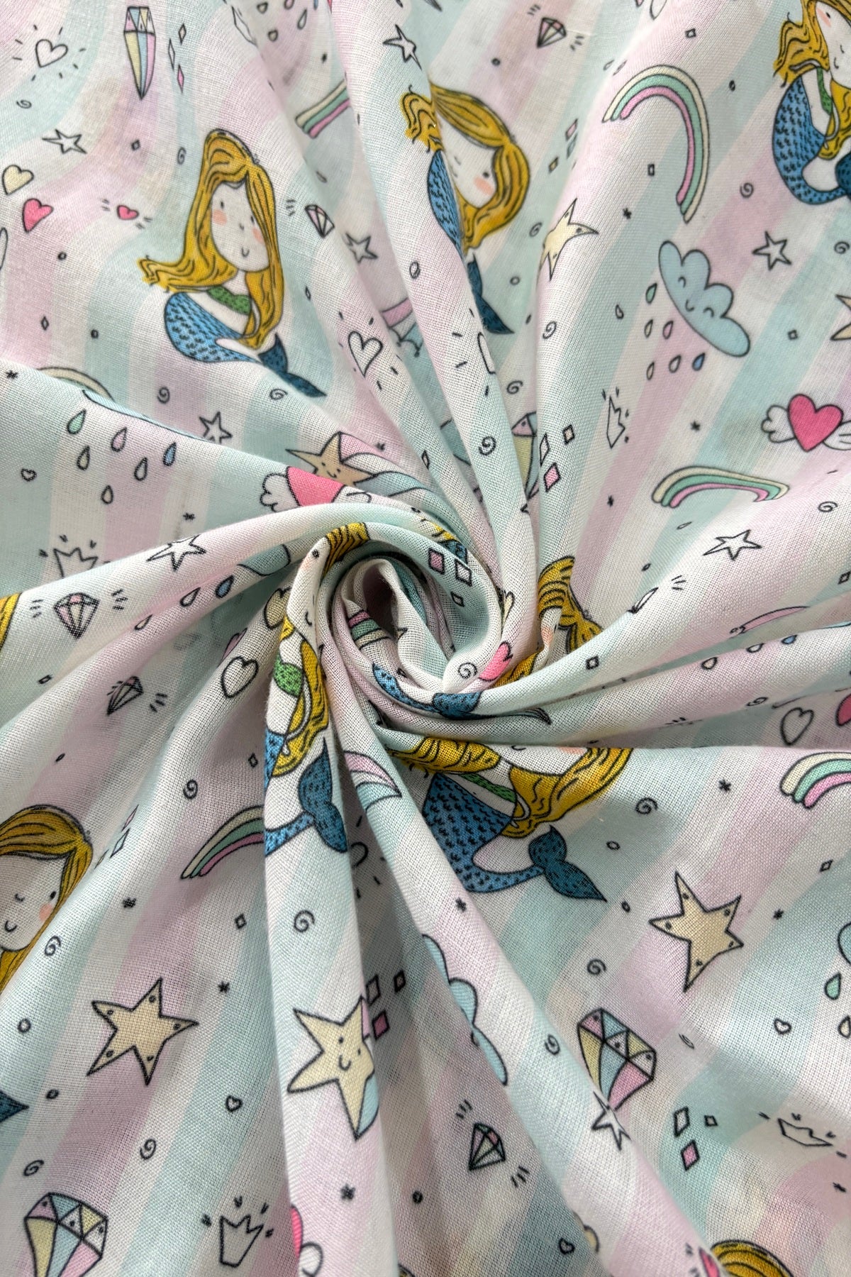 Mermaid & Rainbow Theme Printed Cambric Cotton Fabric
