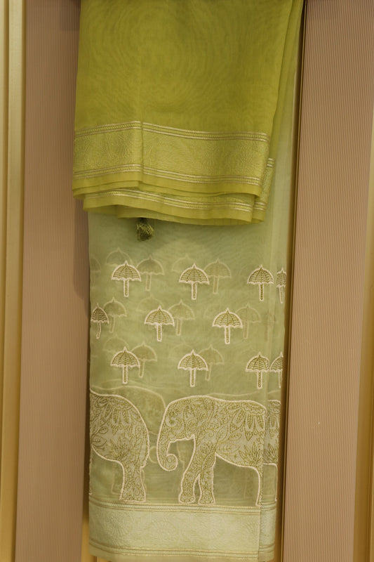 Pure Organza Elephant & Umbrella Themed Applique Worked Dupattas