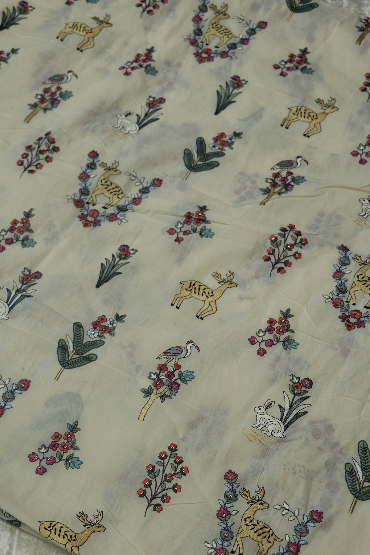 Multi Color Thread Jungle Theme Embroidered Kora Cotton Fabric