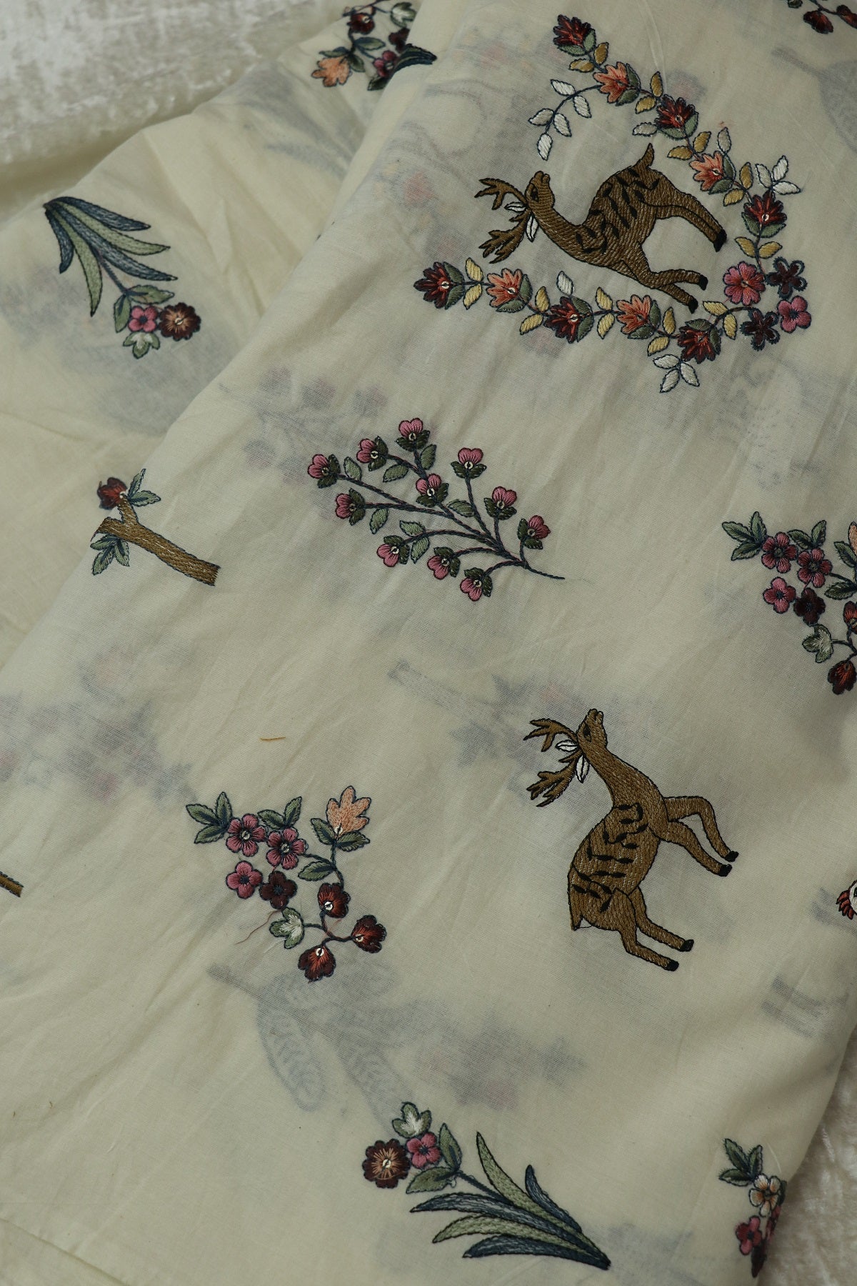 Multi Color Thread Jungle Theme Embroidered Kora Cotton Fabric