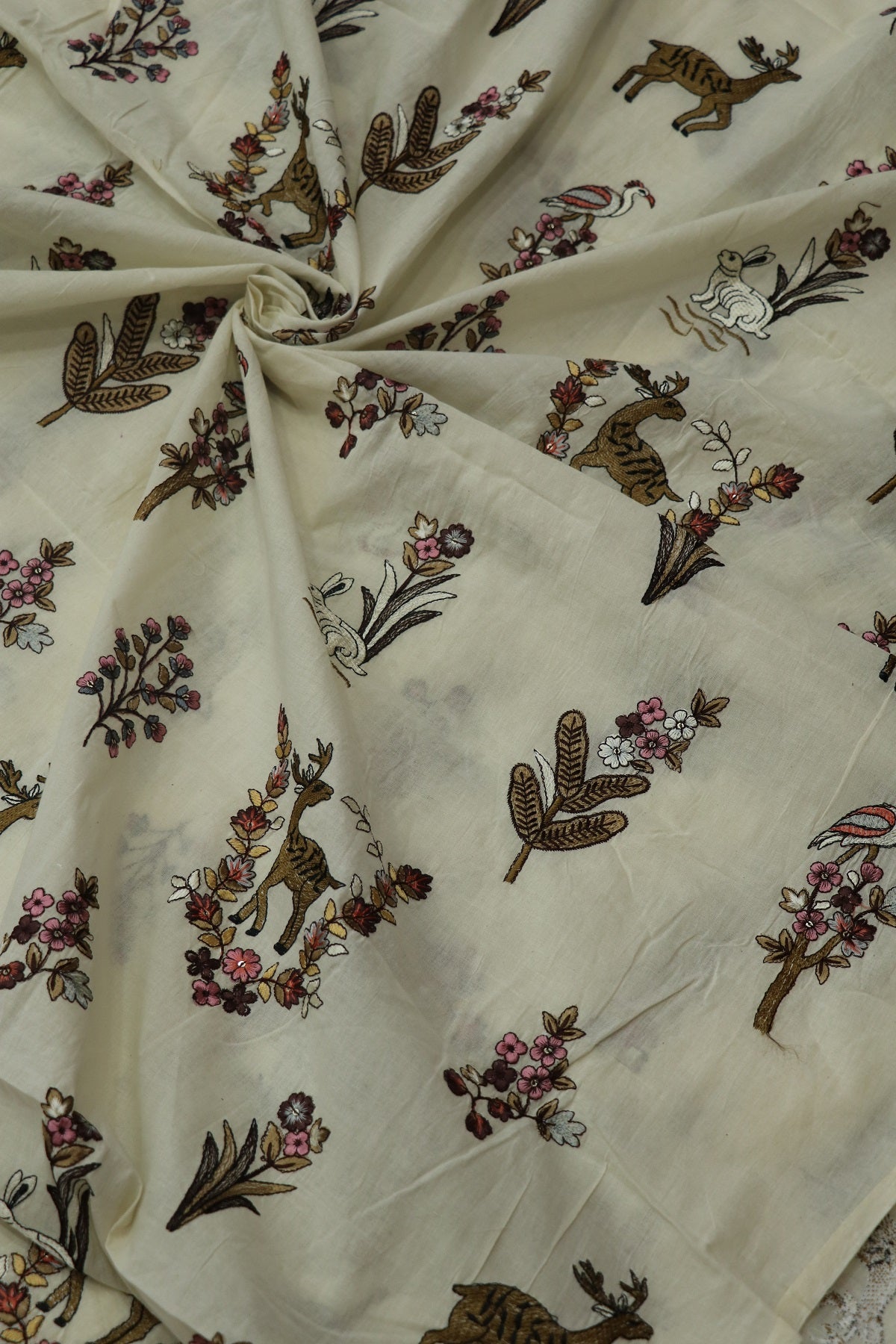 Multi Color Thread Jungle Theme Embroidered Kora Cotton Fabric