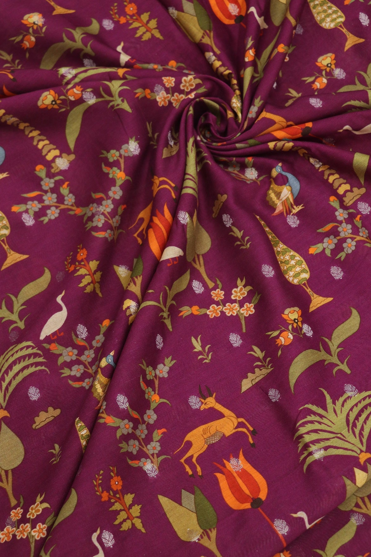 Jungle Themed Floral Printed Chanderi Woven Fabric
