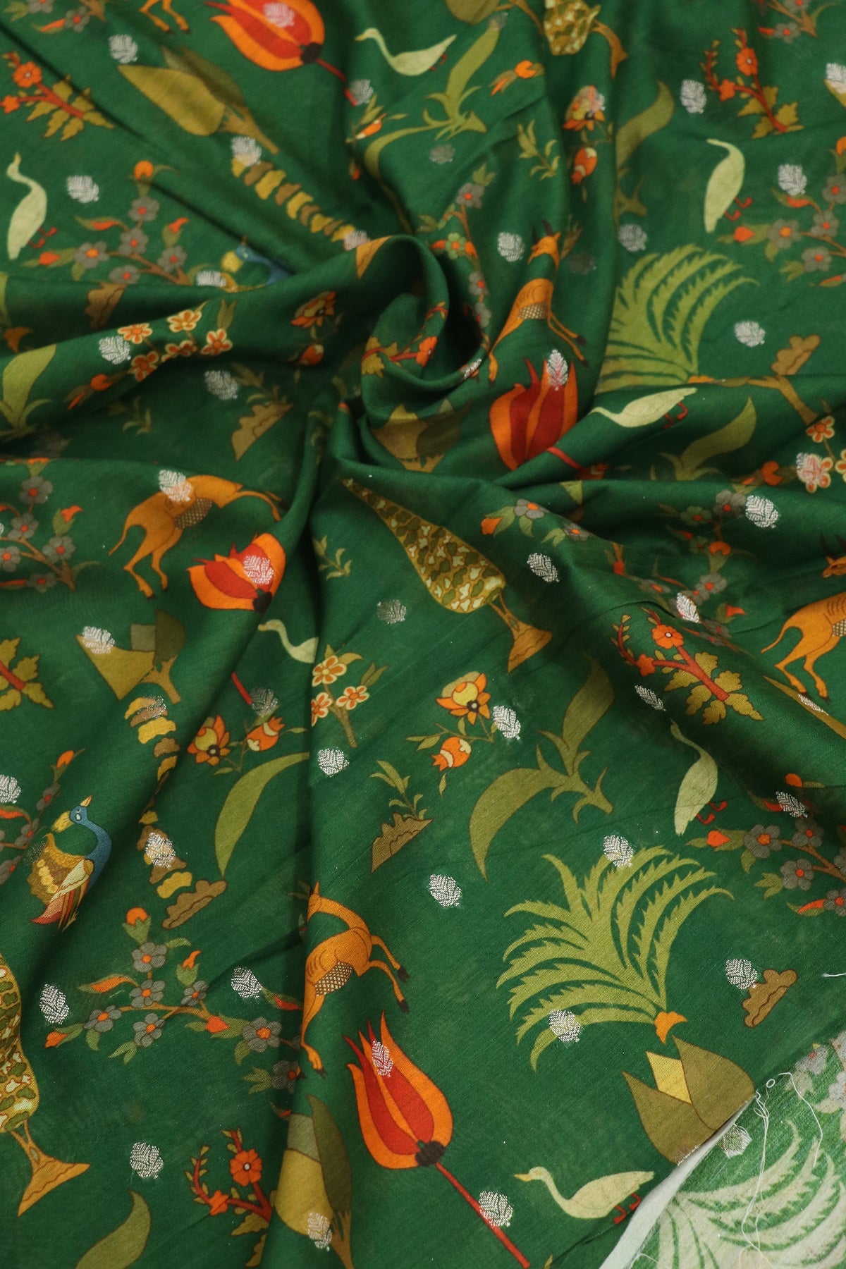 Jungle Themed Floral Printed Chanderi Woven Fabric