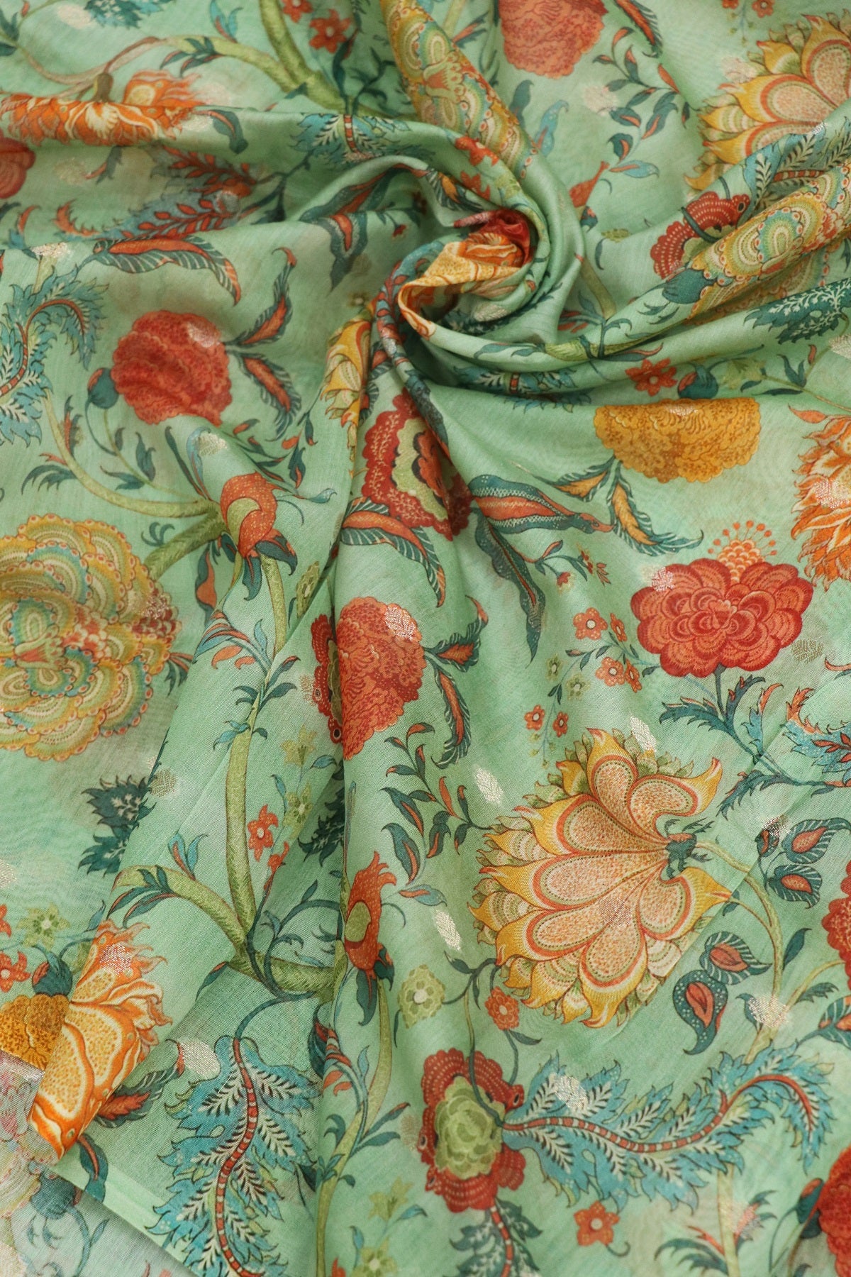 Pure Chanderi Cone Flower & Marigold Floral Printed Woven Fabric