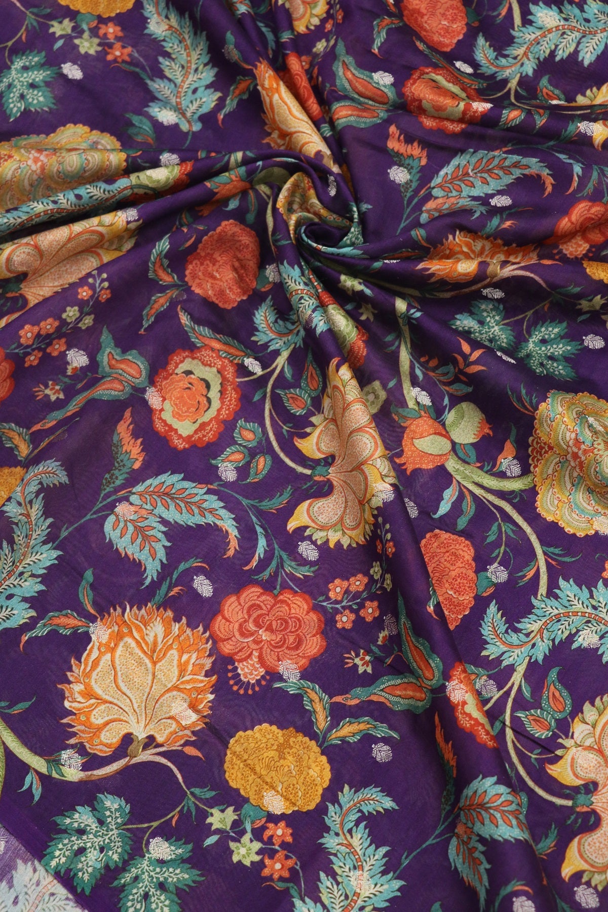 Pure Chanderi Cone Flower & Marigold Floral Printed Woven Fabric