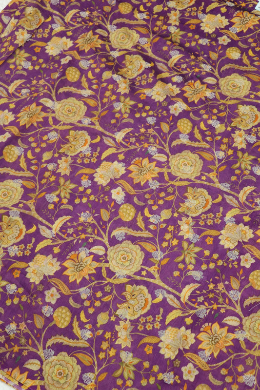 Pomagranate Purple Pure Chanderi Floral printed Woven Fabric