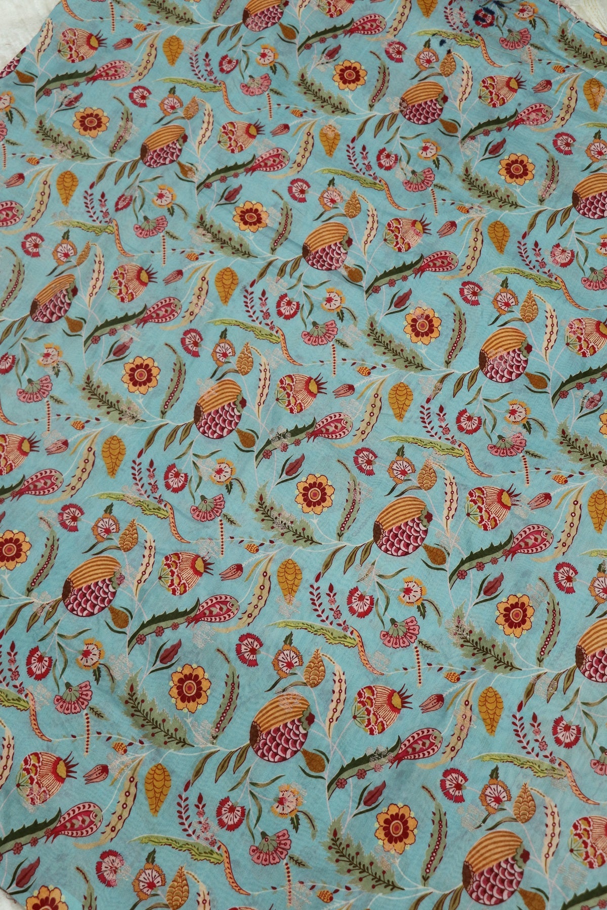 Celeste Blue Multi Floral & Pomagranate Printed Chanderi Woven Fabric