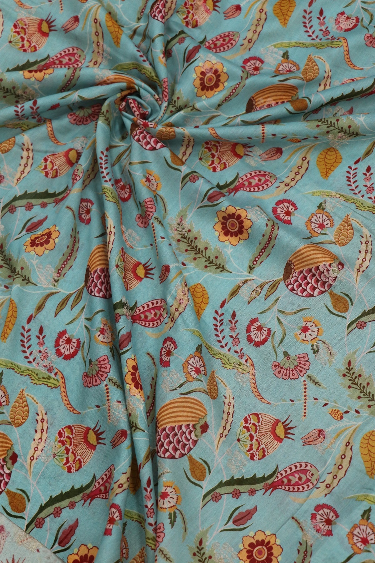 Celeste Blue Multi Floral & Pomagranate Printed Chanderi Woven Fabric