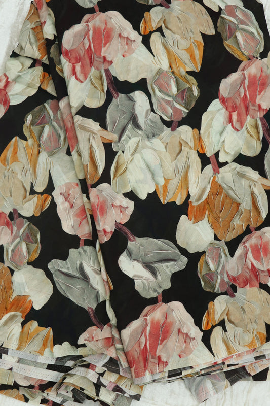 Dark Brown With Tulip Reds Floral Printed crepe Fabric