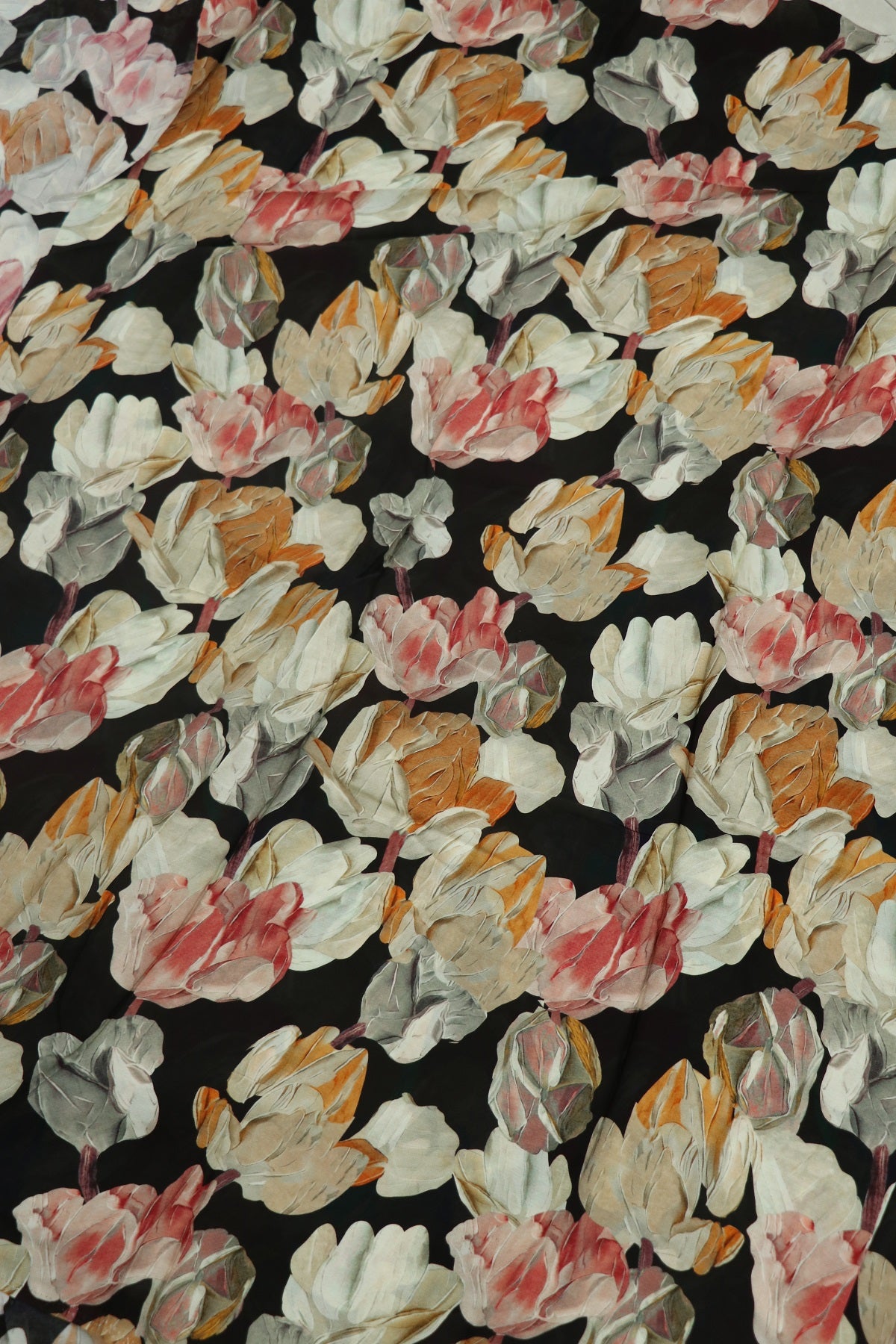 Dark Brown With Tulip Reds Floral Printed crepe Fabric