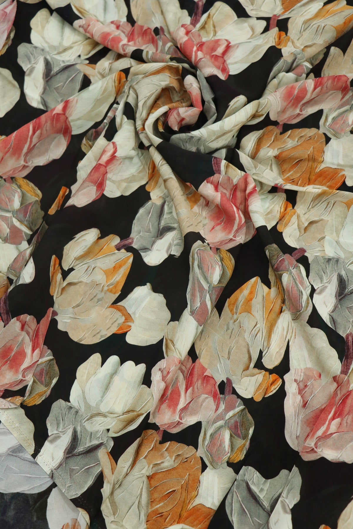 Dark Brown With Tulip Reds Floral Printed crepe Fabric