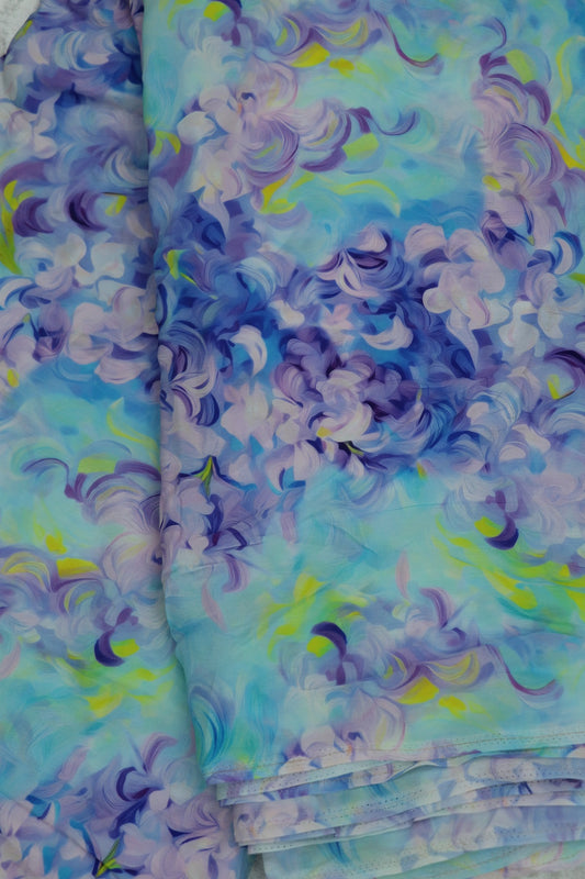 Swirling Patterns of Purples, Blues & Hints of Yellow Floral Printed Crepe Fabric