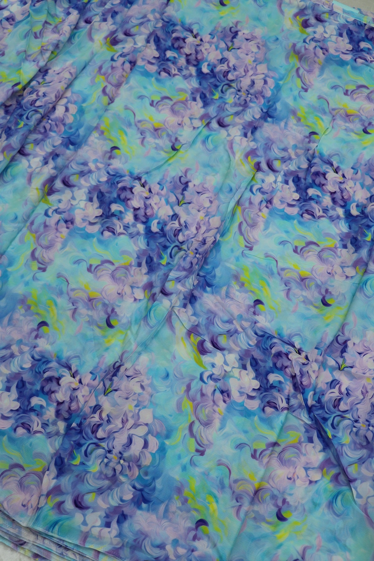 Swirling Patterns of Purples, Blues & Hints of Yellow Floral Printed Crepe Fabric
