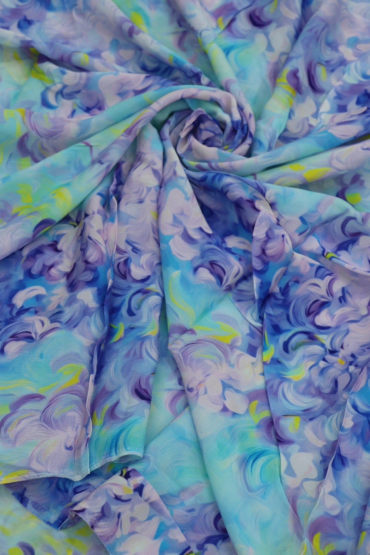 Swirling Patterns of Purples, Blues & Hints of Yellow Floral Printed Crepe Fabric