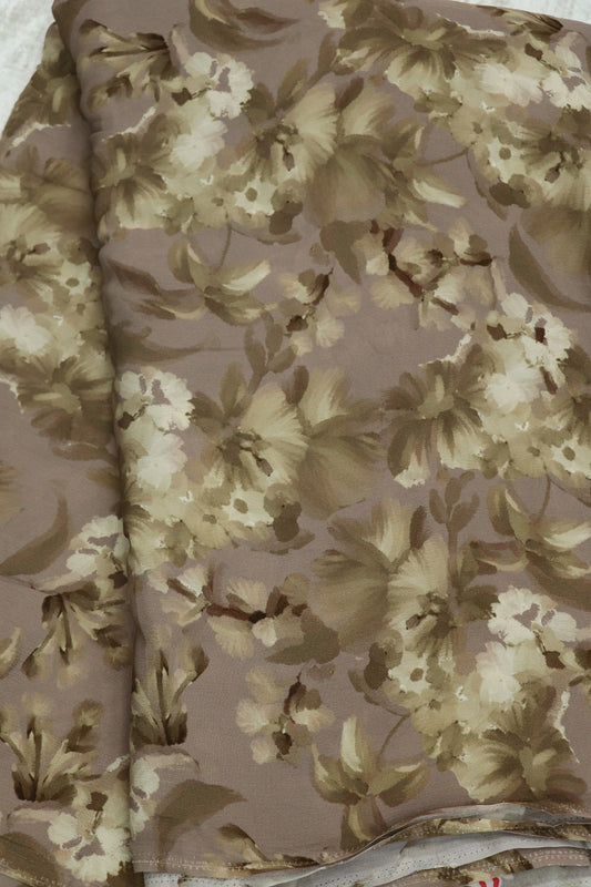 Mauve With Beige & White Floral Printed crepe Fabric