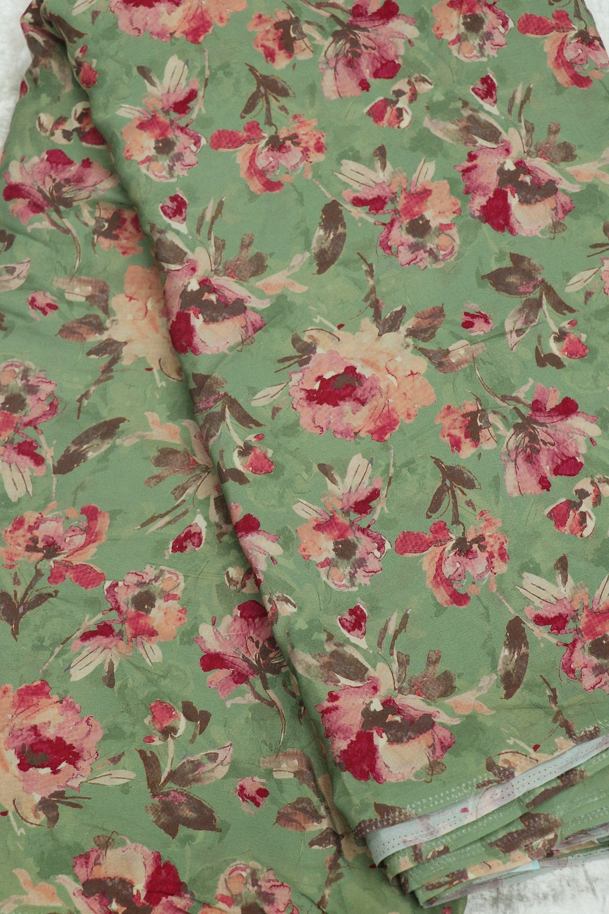 Light Sage Green With Pink & Purple Floral Printed crepe Fabric